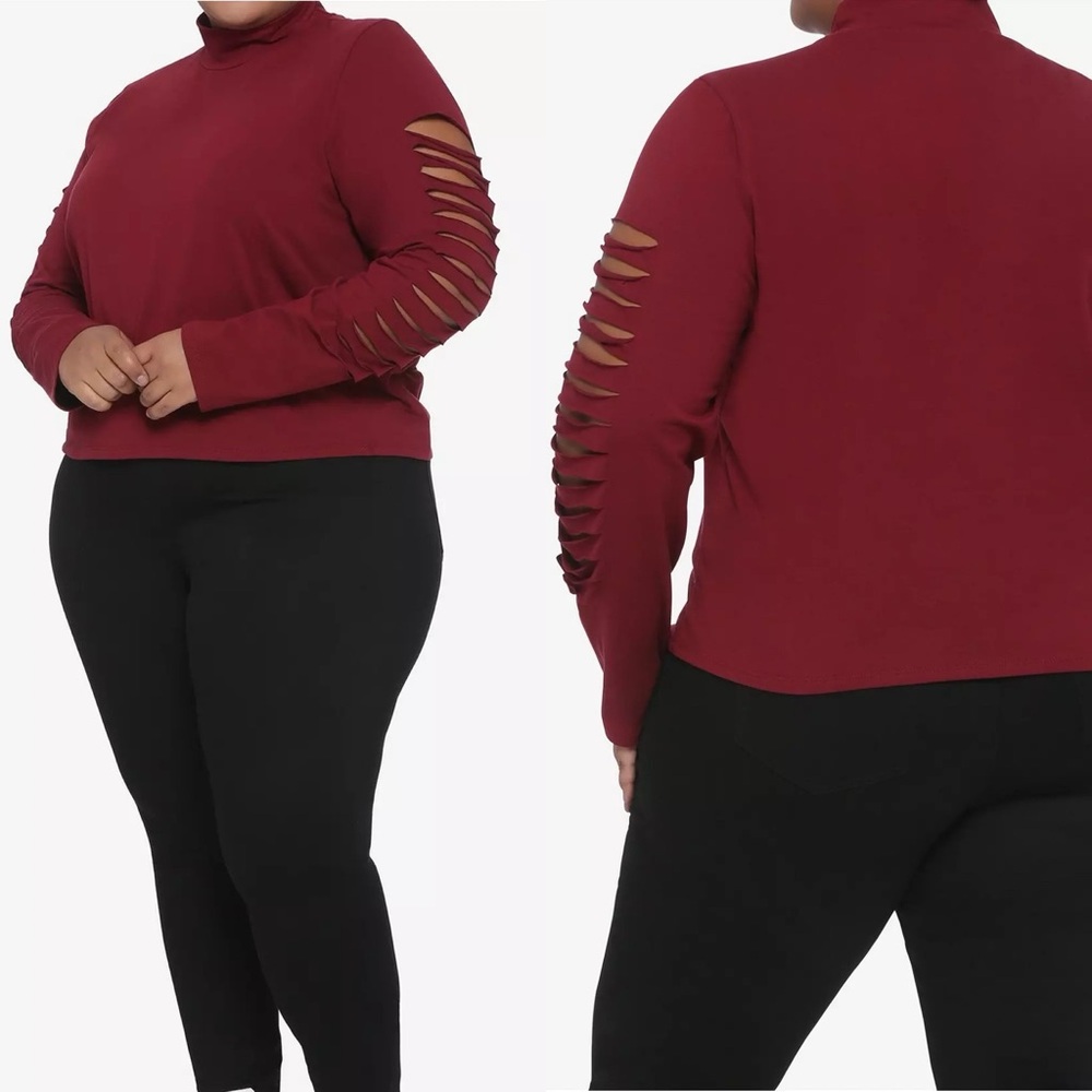 Hot Topic | Burgundy Slashed Mock Neck Long-Sleeve Top